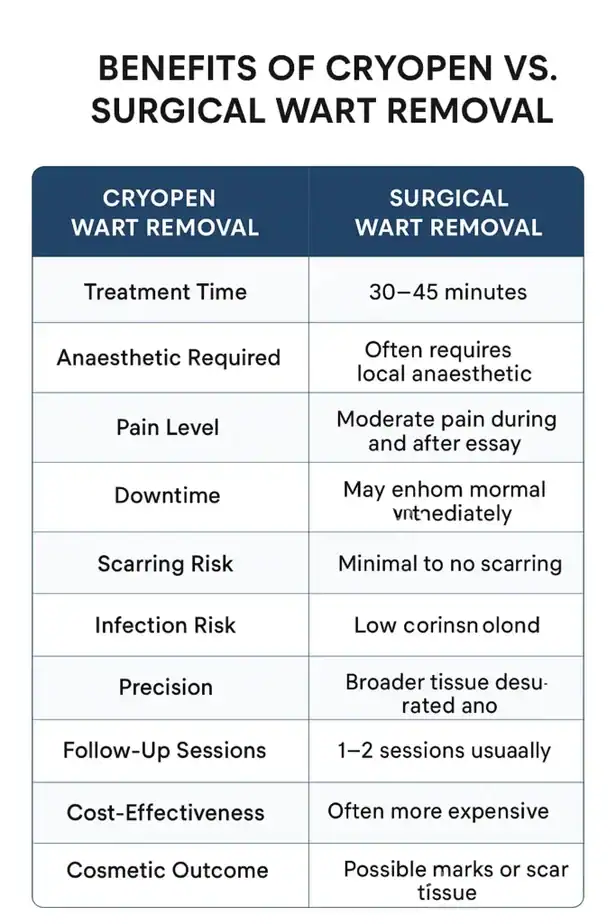 Table showing the benefits of cryopen to remove warts Swanage compared to surgical treatment
